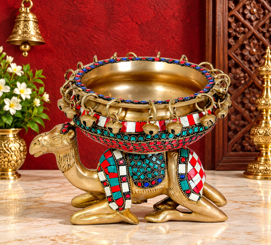 Brassaura® Brass Gem Stone Work Urli Statue with Antique Brass Finish with Decorative Gemstone Inlay | Pure Superfine Brass Handcrafted Murti | Brass Statue | Brass Statue for Home Temple, Pooja Room | Height 8.3 Inches | Weight 2.95 Kgs
