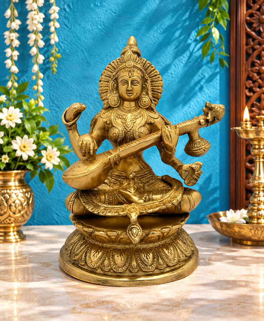 Brassaura® Brass Saraswati Idol – Traditional Hindu Murti Height 10.8 Inches | Weight: 4 Kgs