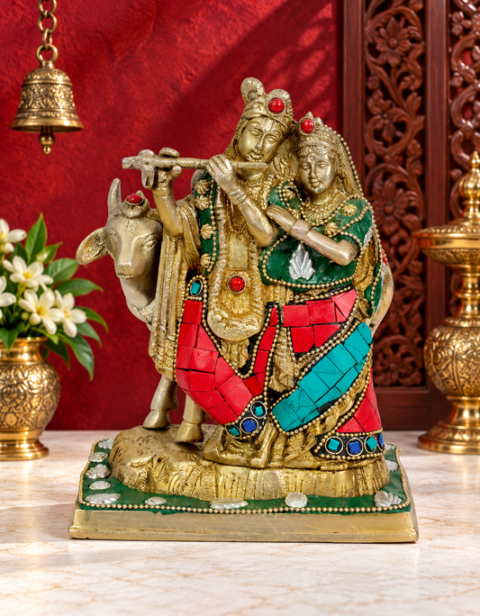ब्रासौरम™ राधा कृष्ण मूर्ति रत्न कार्य के साथ | शुद्ध पीतल | ऊंचाई 22 सेमी (8.6 इंच) और वज़न 2.14 किलोग्राम