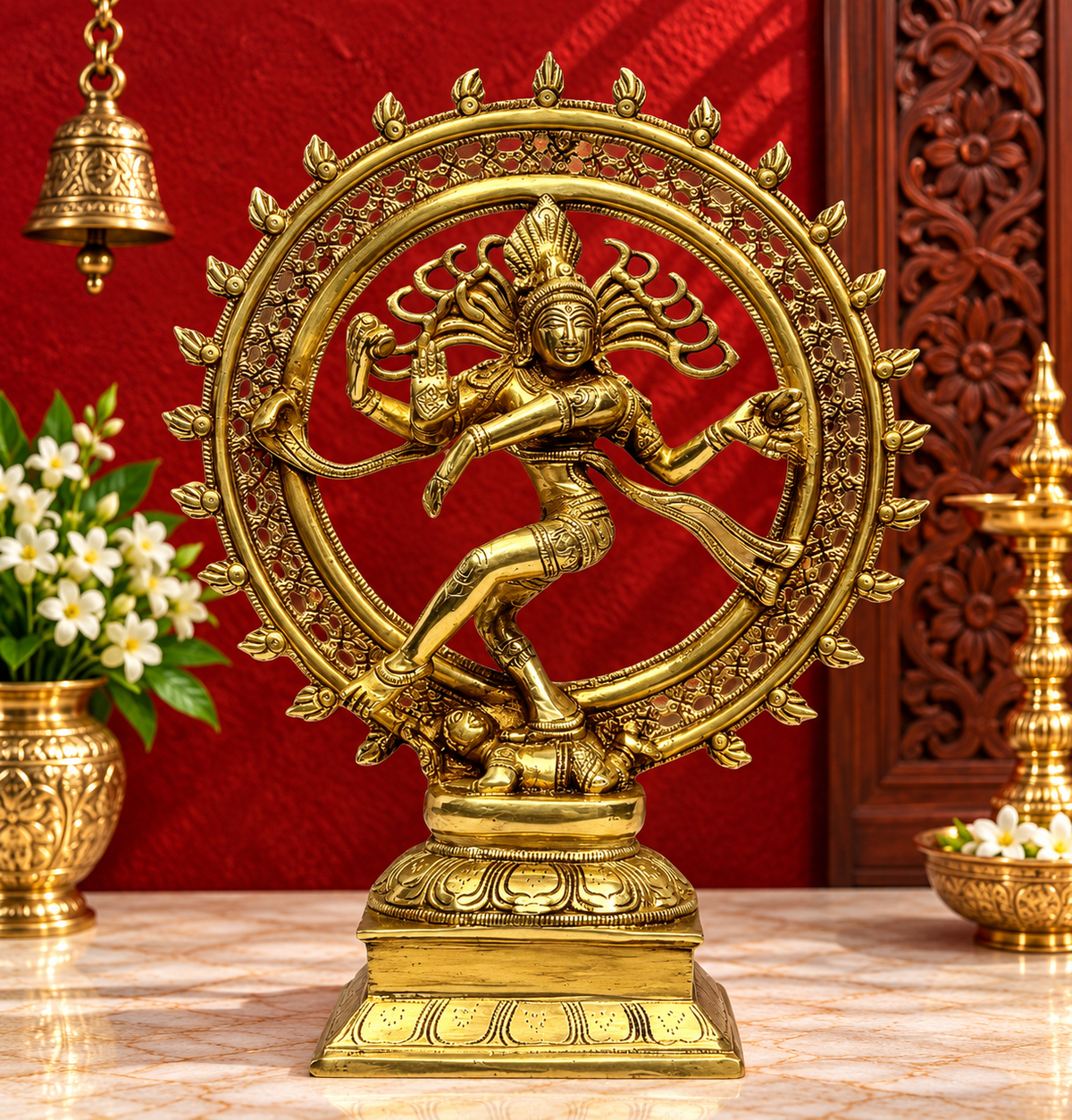 Brassaura® Golden Finish Dancing Nataraj Idol | Brass Craftsmanship | Height 13.5 Inches
