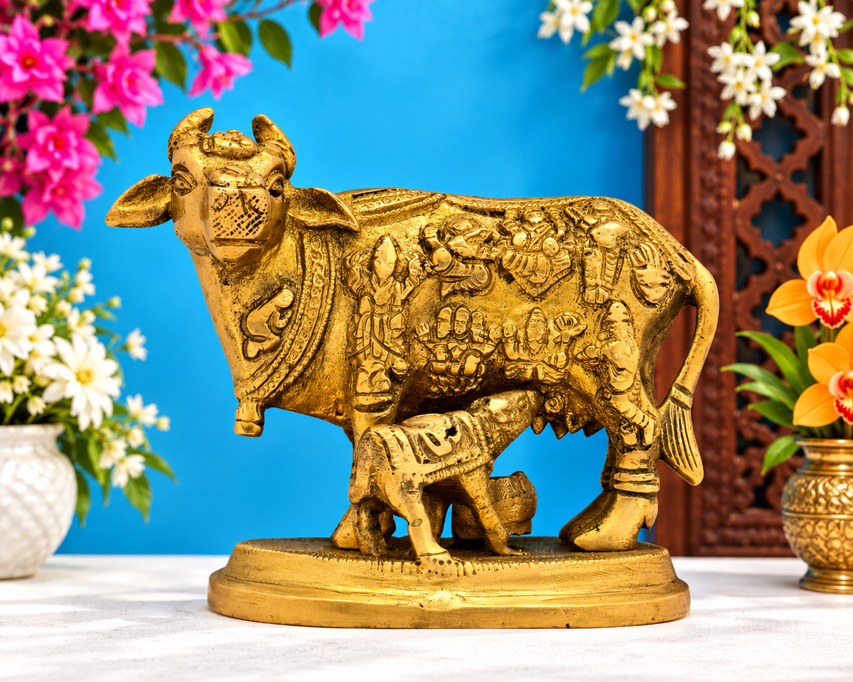Brassaura® Brass Kamdhenu Cow & Calf Idol – Height 4 Inches & Weight 1 Kgs | Handcrafted Pooja Sculpture
