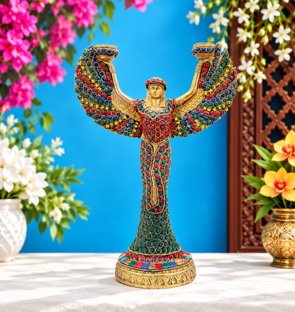Brassaura® Brass Gemstone Work Lady Idol with Gemstone Inlay Finish | Pure Superfine Brass Handcrafted Murti | Brass Statue for Home Temple, Pooja Room | Height 11.42 Inches | Weight 2.2 Kgs