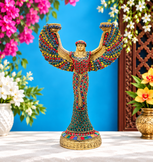 Brassaura® Brass Gemstone Work Lady Idol with Gemstone Inlay Finish | Pure Superfine Brass Handcrafted Murti | Brass Statue for Home Temple, Pooja Room | Height 11.42 Inches | Weight 2.2 Kgs