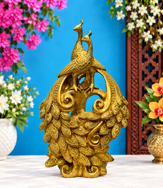 Brassaura® Brass Golden Peacock Statue | Handcrafted Decorative Showpiece | Height 14.2 Inches & Weight 3.8 Kgs