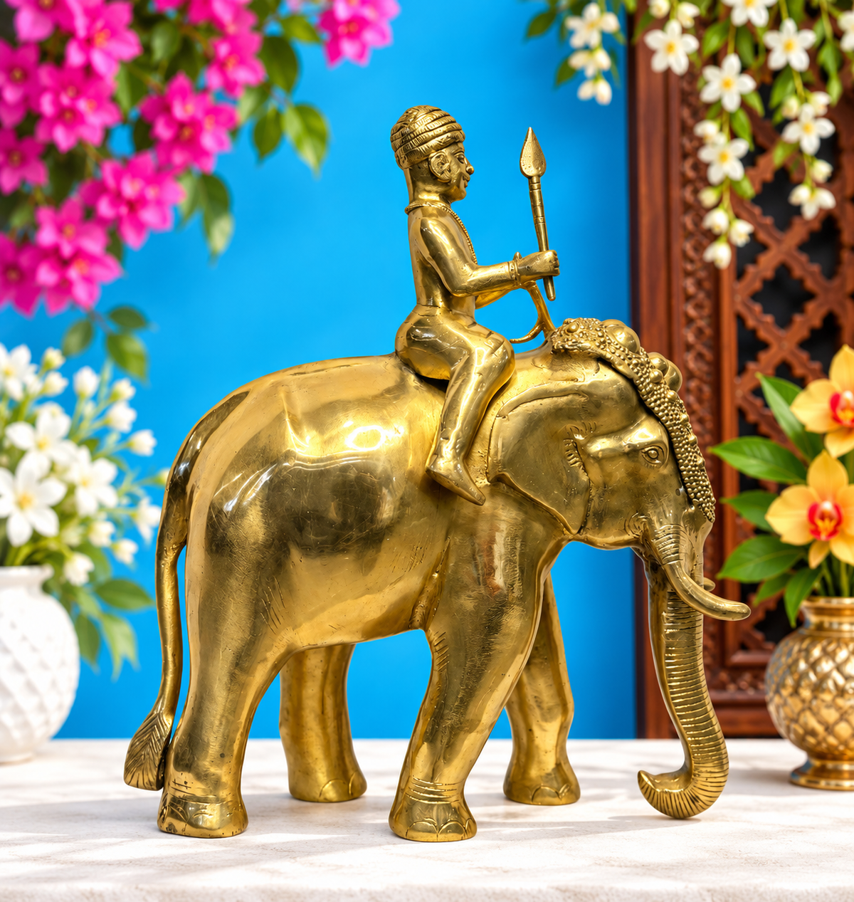 Brassaura® Warrior Elephant Brass Statue | Handcrafted Decorative Showpiece | Height 16.9 Inches & Weight 10.8 Kgs
