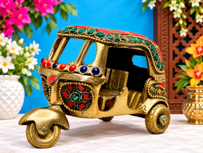 Brass Gem Stone Work Rickshaw for Home and Decor Weight .5 Kg Height 11 cm
