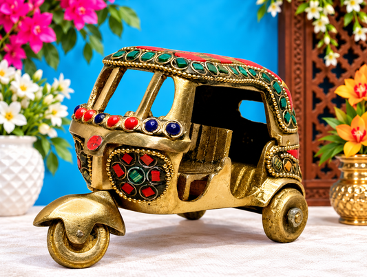 Brass Gem Stone Work Rickshaw for Home and Decor Weight .5 Kg Height 11 cm