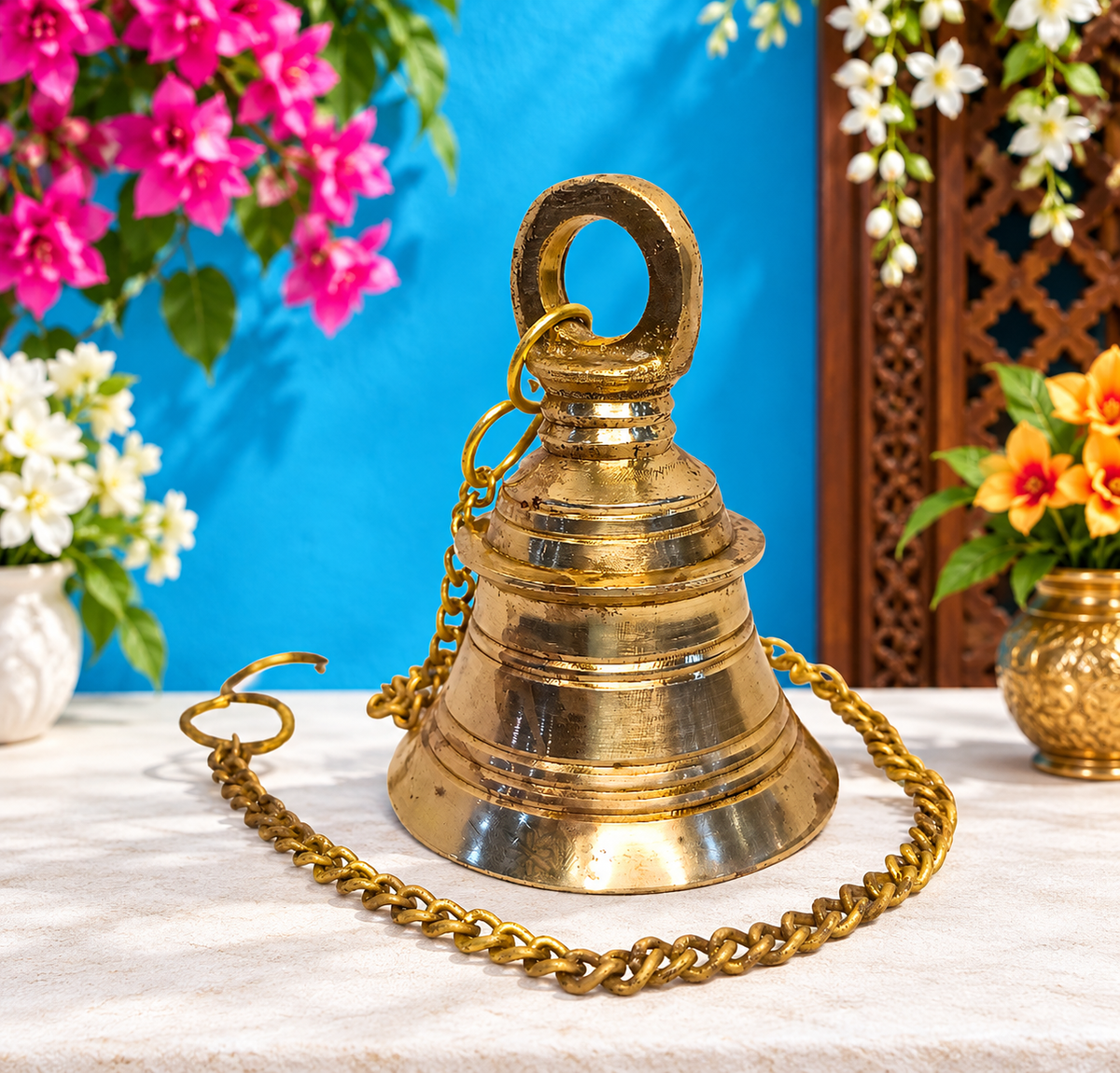 Brassaura® Elegant Brass Bell Wall Hanging – Puja Room Accent Height 19 Inches  |  Weight: 0.34 Kgs
