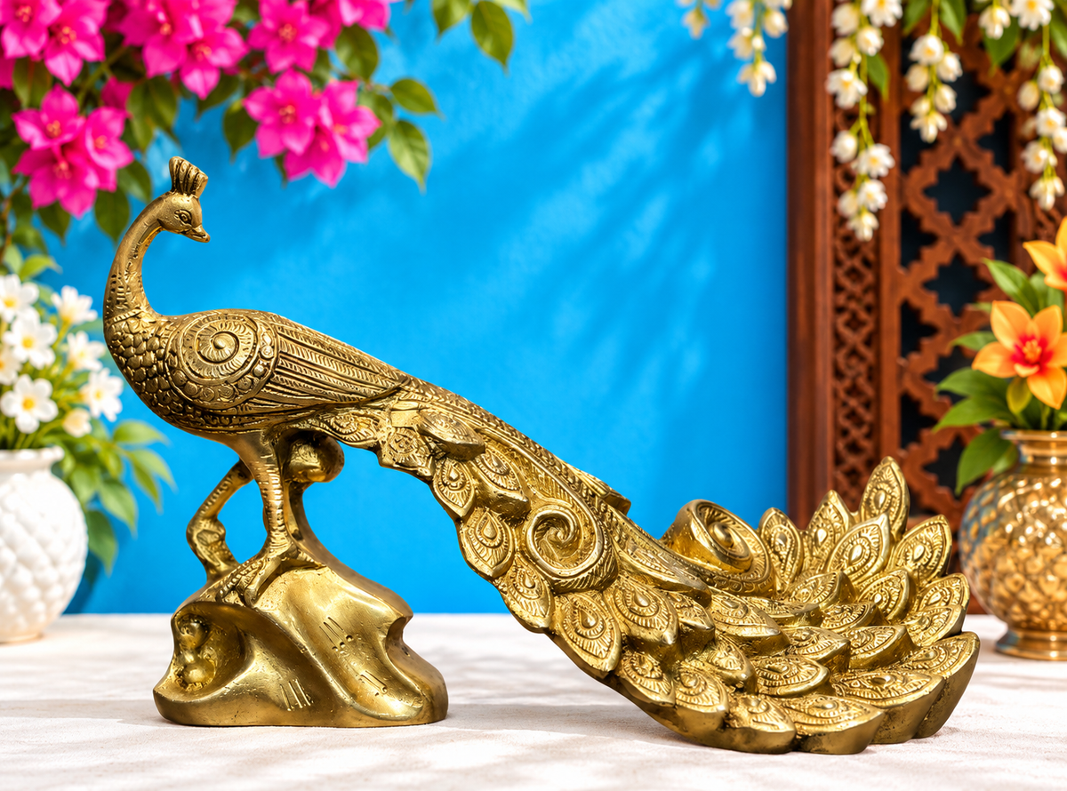 Brassaura® Brass Peacock Showpiece | Handcrafted Decorative Artwork | Height 7.9 Inches & Weight 2.6 Kgs