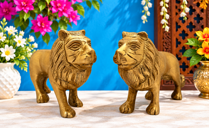 Brassaura® Brass Lion Pair Showpiece | Handcrafted Guardian Sculptures | Height 3.5 Inches & Weight 0.9 Kgs