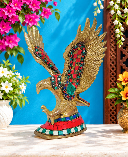 Brassaura® Brass Garuda Eagle Statue with Gem Stone Work | Handcrafted Decorative Showpiece | Height 11 Inches & Weight 2.38 Kgs