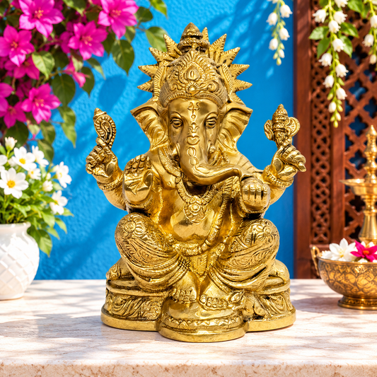 Brassaura™ Brass Ganesha Murti – Height 8 inches & Weight 1.7 kgs | Ganpati Idol for Home & Pooja Room
