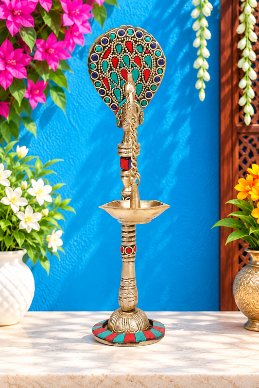 Brassaura® Brass Gemstone Work Peacock Chain Hanging Diya with Gemstone Inlay Finish | Pure Superfine Brass Handcrafted Murti | Brass Statue for Home Temple, Pooja Room | Height 9 Inches | Weight 0.47 Kgs