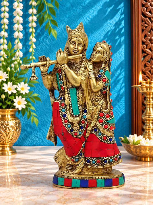 ब्रसौरा™ रत्नजड़ित राधा कृष्ण मूर्ति | शुद्ध पीतल | ऊँचाई 23 सेमी (9 इंच) और वज़न 1.5 किग्रा