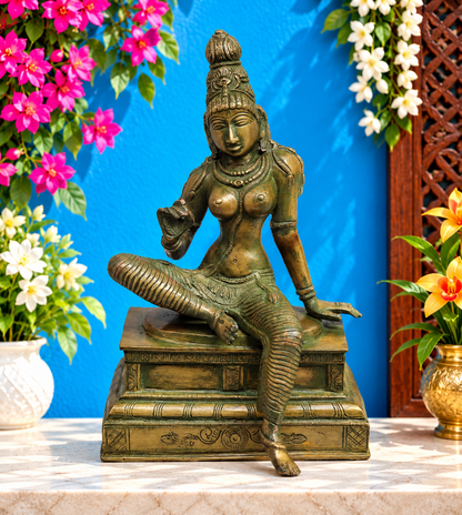 Brassaura® Goddess Parvati Seated Idol with Bronze Antique Finish | Pure Superfine Brass Handcrafted Murti | Brass Statue for Home Temple, Pooja Room | Height 10 Inches | Weight 4.420 Kgs