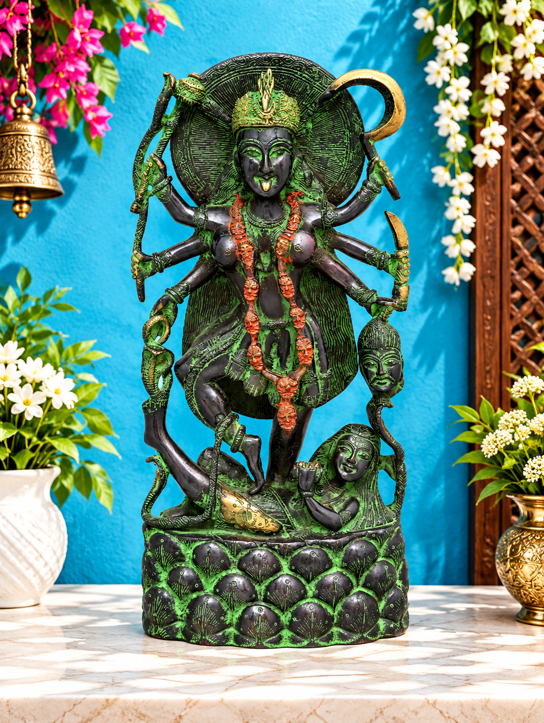 Brassaura® Kali Devi Standing Idol with Green & Black Antique Finish | Pure Superfine Brass Handcrafted Murti | Brass Statue for Home Temple, Pooja Room | Height 14.5 Inches | Weight 5.66 Kgs