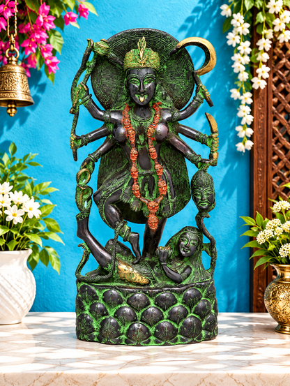 Brassaura® Kali Devi Standing Idol with Green & Black Antique Finish | Pure Superfine Brass Handcrafted Murti | Brass Statue for Home Temple, Pooja Room | Height 14.5 Inches | Weight 5.66 Kgs