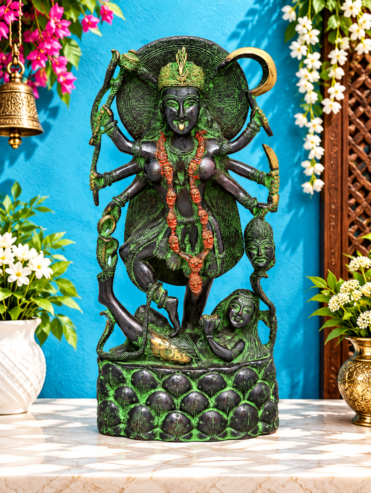 Brassaura® Kali Devi Standing Idol with Green & Black Antique Finish | Pure Superfine Brass Handcrafted Murti | Brass Statue for Home Temple, Pooja Room | Height 14.5 Inches | Weight 5.66 Kgs