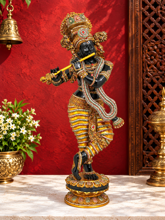 Brassaura® Krishna Standing Playing Flute Idol with Black Colour and Colourful Stone Inlay Finish | Pure Superfine Brass Handcrafted Murti | Brass Statue for Home Temple, Pooja Room | Height 45 Inches | Weight 56 Kgs
