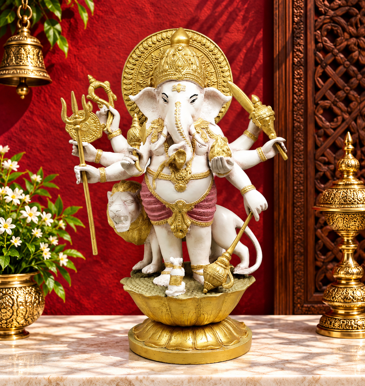 Brassaura® Ganesha Standing Idol with White & Gold Finish | Pure Superfine Brass Handcrafted Murti | Brass Statue for Home Temple, Pooja Room | Height 23.5 Inches | Weight 27.4 Kgs