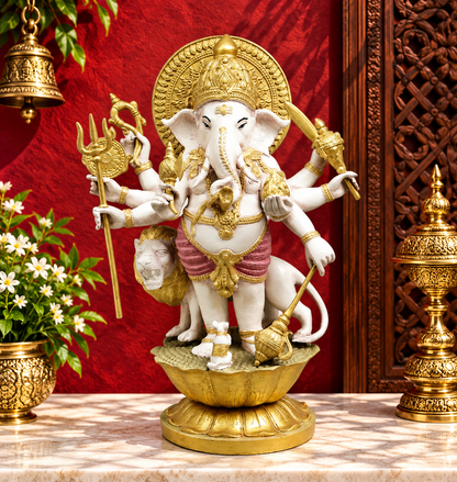 Brassaura® Ganesha Standing Idol with White & Gold Finish | Pure Superfine Brass Handcrafted Murti | Brass Statue for Home Temple, Pooja Room | Height 23.5 Inches | Weight 27.4 Kgs