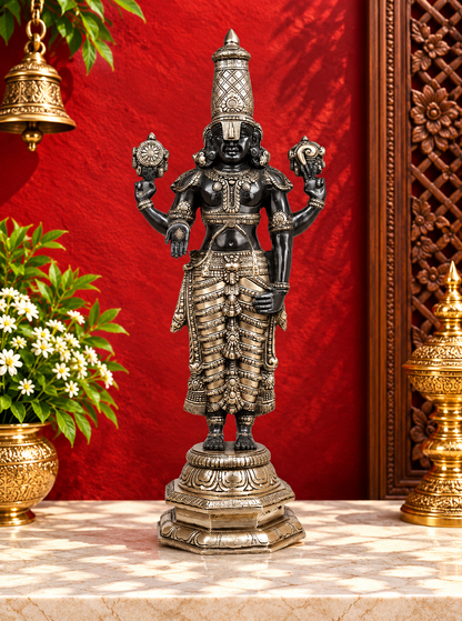 Brassaura® Vishnu Standing Idol with Silver & Black Finish | Pure Superfine Brass Handcrafted Murti | Brass Statue for Home Temple, Pooja Room | Height 33 Inches | Weight 19.82 Kgs