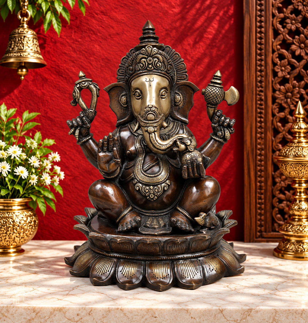 Brassaura® Ganesha Seated Idol with Antique Brown & Silver-Tone Finish | Pure Superfine Brass Handcrafted Murti | Brass Statue for Home Temple, Pooja Room | Height 14 Inches | Weight 13.9 Kgs