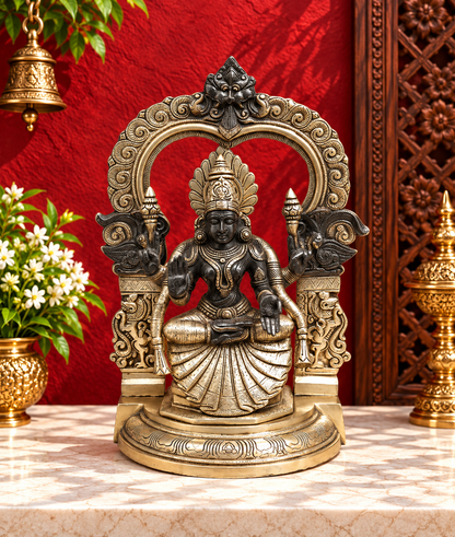 Brassaura® Lakshmi Seated Idol with Antique Silver & Black Finish | Pure Superfine Brass Handcrafted Murti | Brass Statue for Home Temple, Pooja Room | Height 17 Inches | Weight 12.46 Kgs