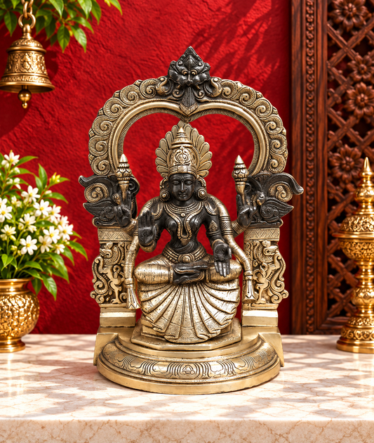 Brassaura® Lakshmi Seated Idol with Antique Silver & Black Finish | Pure Superfine Brass Handcrafted Murti | Brass Statue for Home Temple, Pooja Room | Height 17 Inches | Weight 12.46 Kgs