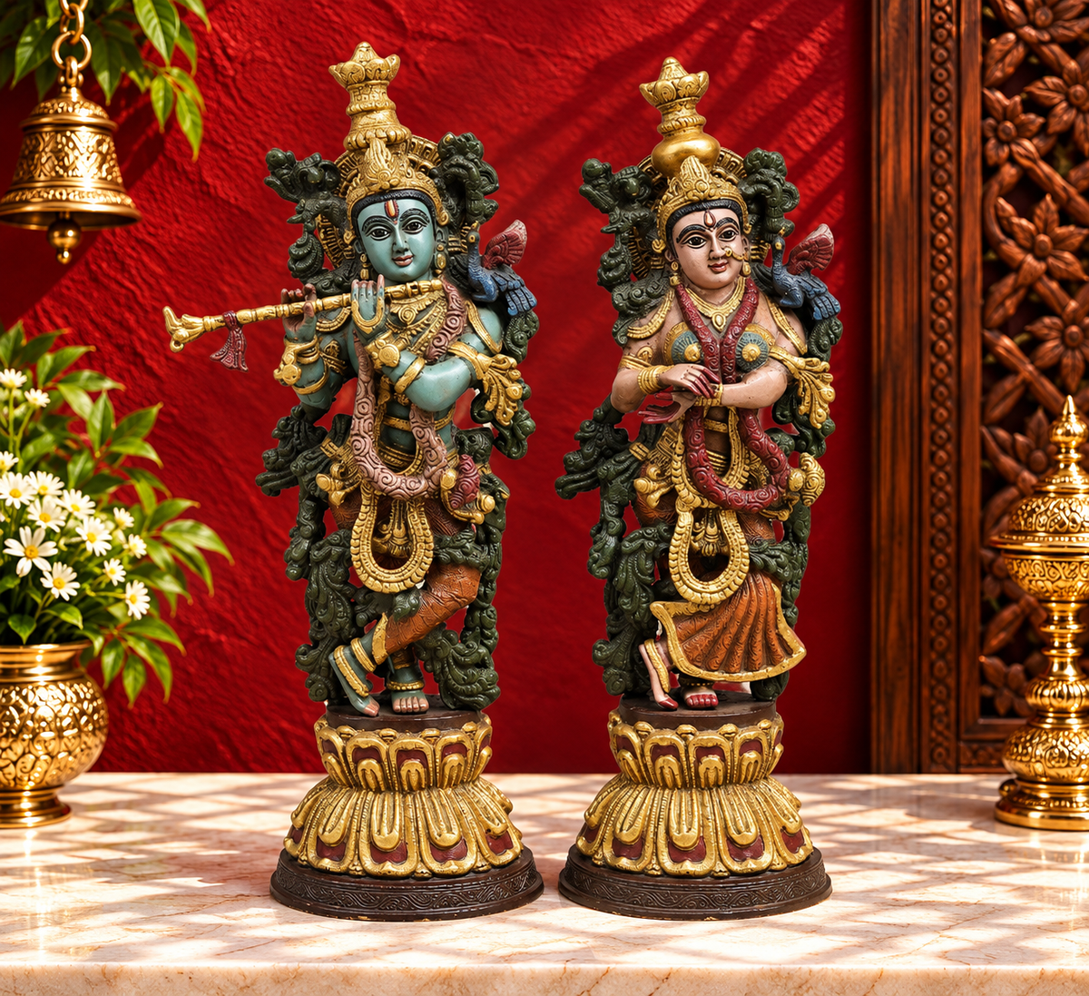 Brassaura® Radha Krishna Brass Idol Pair | Handcrafted Krishna & Radha Murti with Antique Multicolour Finish | Height 20 Inches | Weight 16.2 Kg
