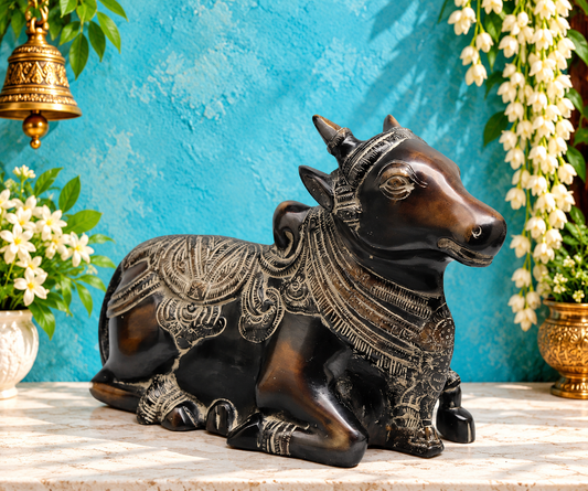 Brassaura® Brass Nandi Bull Idol with Antique Black Finish | Handcrafted Sacred Nandi Statue for Home Temple, Shiva Altar & Spiritual Décor | Length 11 Inches | Weight 4.66 Kgs