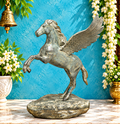 Brassaura® Flying Pegasus Horse Statue with Antique Silver Finish | Pure Superfine Brass Handcrafted Murti | Brass Statue for Home Temple, Pooja Room | Height 19 Inches | Weight 13.2Kgs