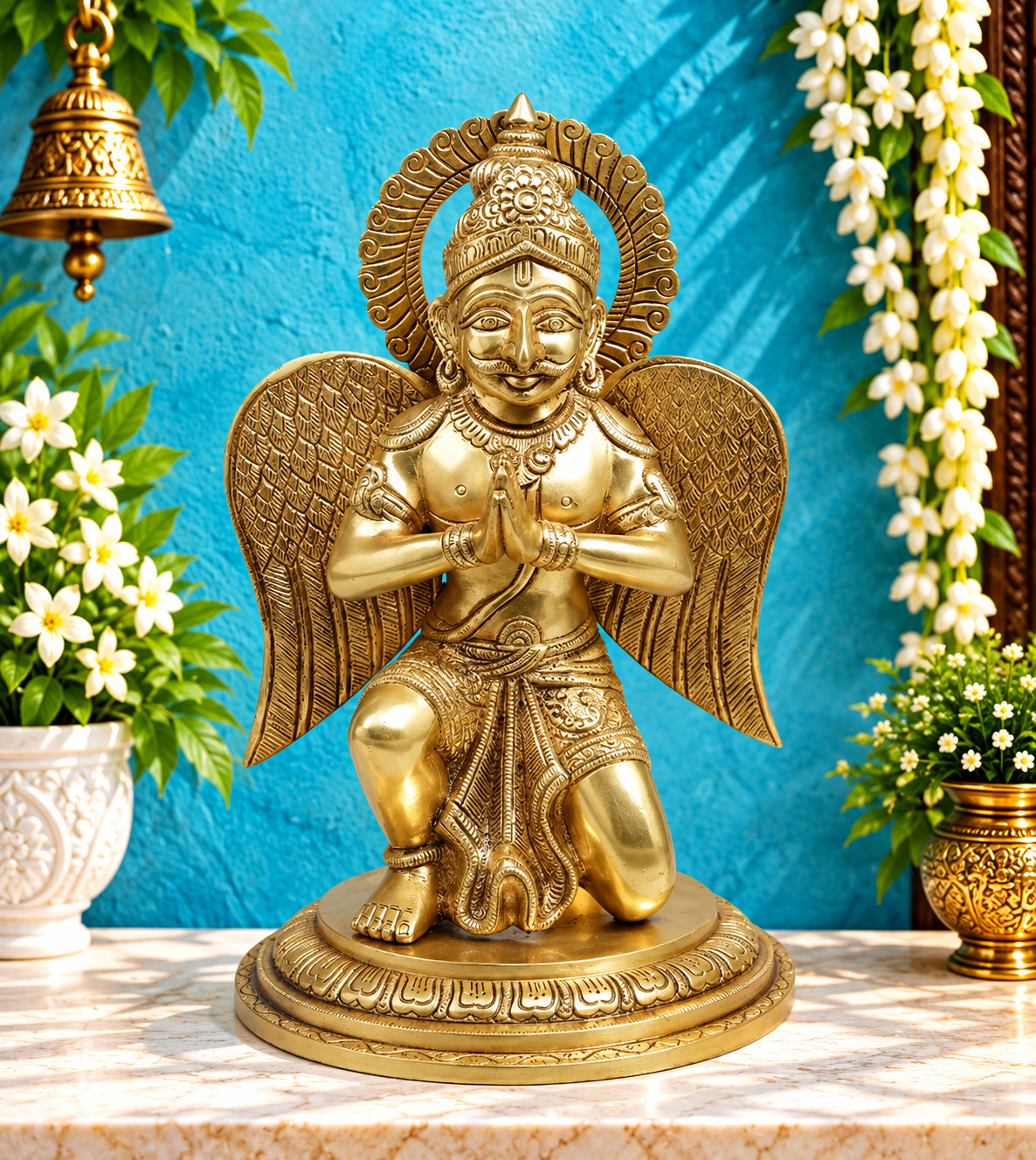 Brassaura® Brass Garuda Dev Statue in Namaste Pose | Handcrafted Garuda Idol for Home Temple, Pooja Room & Spiritual Décor | Height 12 Inches | Weight 5.04 Kgs
