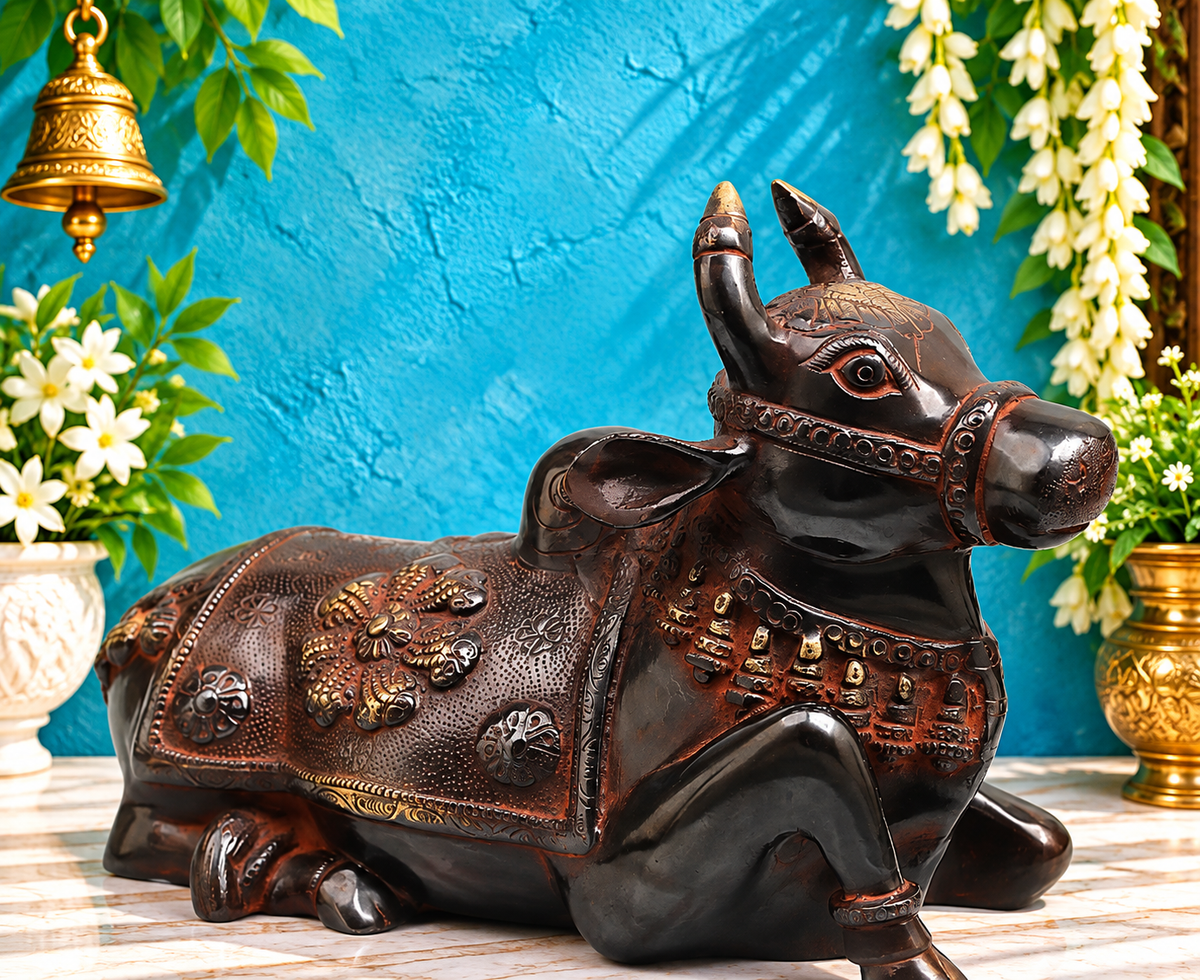 Brassaura® Brass Nandi Bull Idol with Antique Black Finish | Handcrafted Sacred Nandi Statue for Home Temple, Shiva Altar & Spiritual Décor | Height 7.5 Inches | Weight 3.84 Kgs
