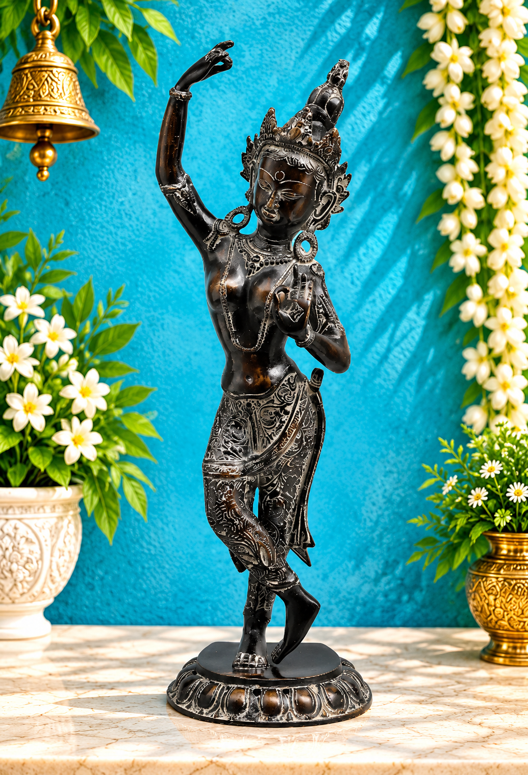 Brassaura® Dancing Tara Devi Statue with Antique Black Finish | Handcrafted Goddess Tara Idol Spiritual Décor | Height 19 Inches | Weight 4.16 Kgs