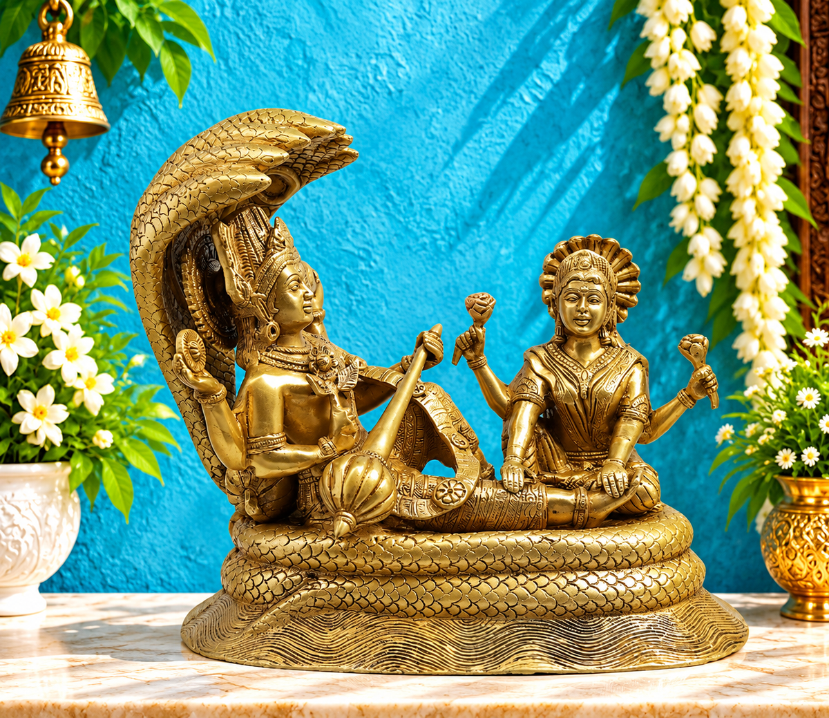 Brassaura® Brass Lord Vishnu & Goddess Lakshmi on Sheshnag Idol with Antique Gold Finish | Handcrafted Lakshmi Narayana Statue | Height 12 Inches | Weight 10.18 Kgs