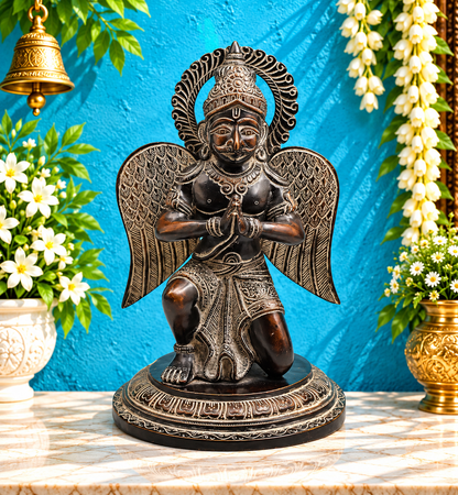 Brassaura® Brass Garuda Kneeling Idol with Antique Silver Black Finish | Handcrafted Lord Vishnu Devotee Garuda Statue for Home Temple, Pooja Room & Spiritual Décor | Height 12 Inches | Weight 4.84 Kgs