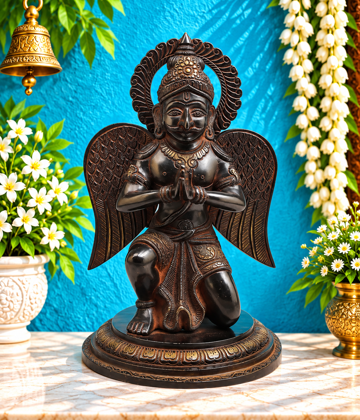 Brassaura® Brass Garuda Kneeling Idol with Antique Black Finish | Handcrafted Lord Vishnu Devotee Garuda Statue for Home Temple, Pooja Room & Spiritual Décor | Height 12 Inches | Weight 4.76 Kgs
