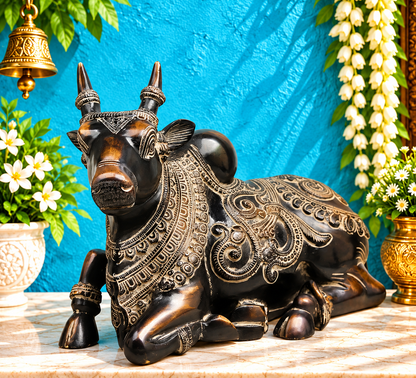 Brassaura® Brass Nandi Bull Idol with Antique Black Finish | Pure Superfine Brass Handcrafted Murti | Brass Statue for Home Temple, Pooja Room | Height 10 Inches | Weight 8.66 Kgs