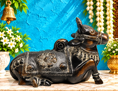 Brassaura® Brass Nandi Idol with Antique Black Finish | Handcrafted Sacred Nandi Statue for Home Temple, Shiva Altar & Spiritual Décor | Length 10.5 Inches | Weight 3.52 Kgs