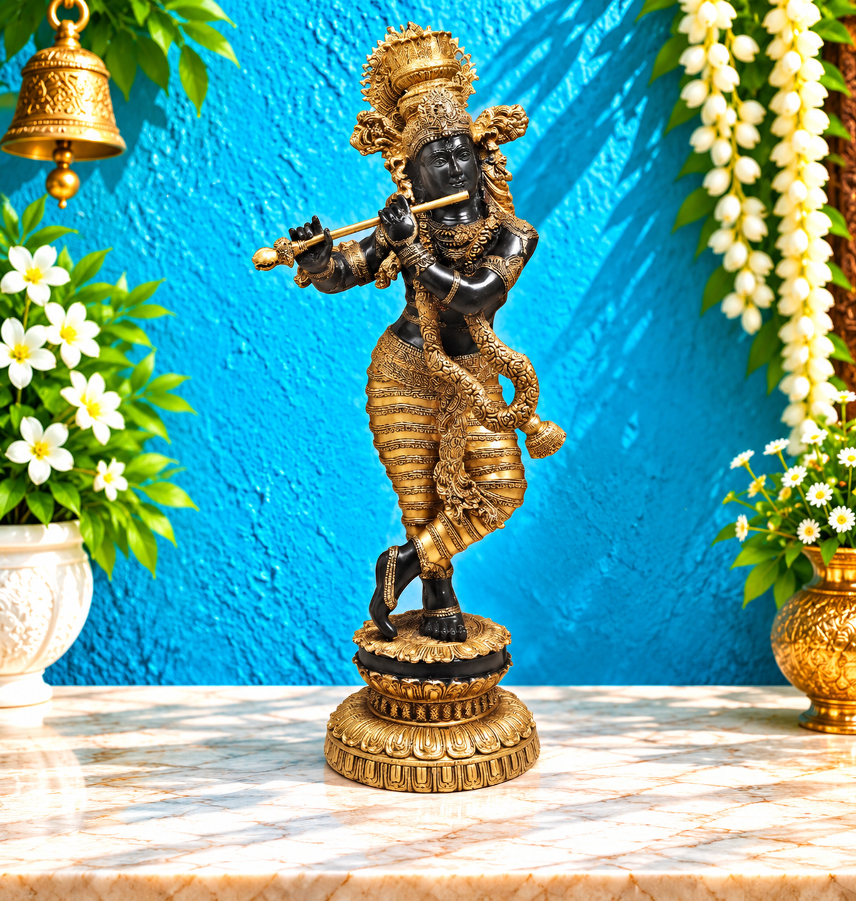 Brassaura® Lord Krishna Playing Flute Idol with Golden & Black Patina Finish | Pure Superfine Brass Handcrafted Murti | Brass Statue | Height 46 Inches | Weight 60.8 Kgs