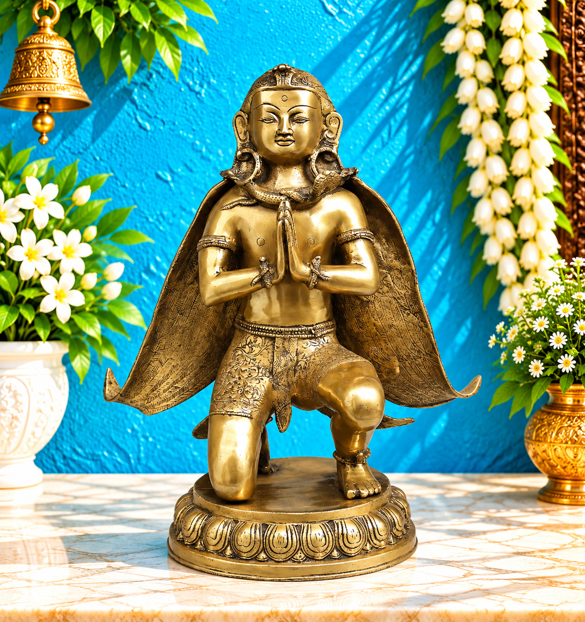 Brassaura® Garuda Kneeling Idol with Golden & Black Patina Finish | Pure Superfine Brass Handcrafted Murti | Brass Statue for Home Temple | Height 20 Inches | Weight 16.8 Kgs