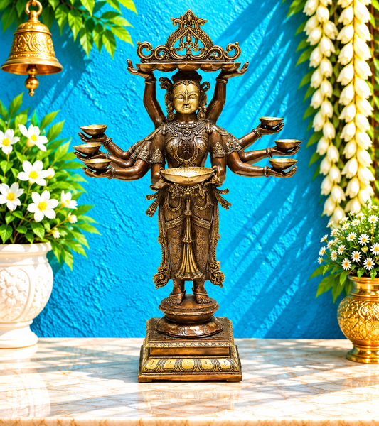 Brassaura® Ashtalakshmi Standing Deepam Idol with Golden & Black Patina Finish | Pure Superfine Brass Handcrafted Murti | Brass Statue for Home Temple| Height 48 Inches | Weight 60.3 Kgs