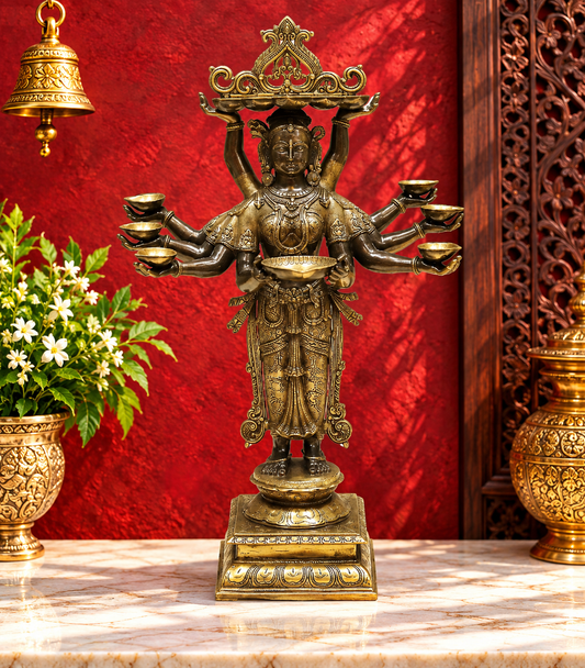 Brassaura® Ashtalakshmi Standing Deepam Idol with Golden & Black Patina Finish | Pure Superfine Brass Handcrafted Murti | Brass Statue for Home Temple| Height 48 Inches | Weight 60.4 Kgs
