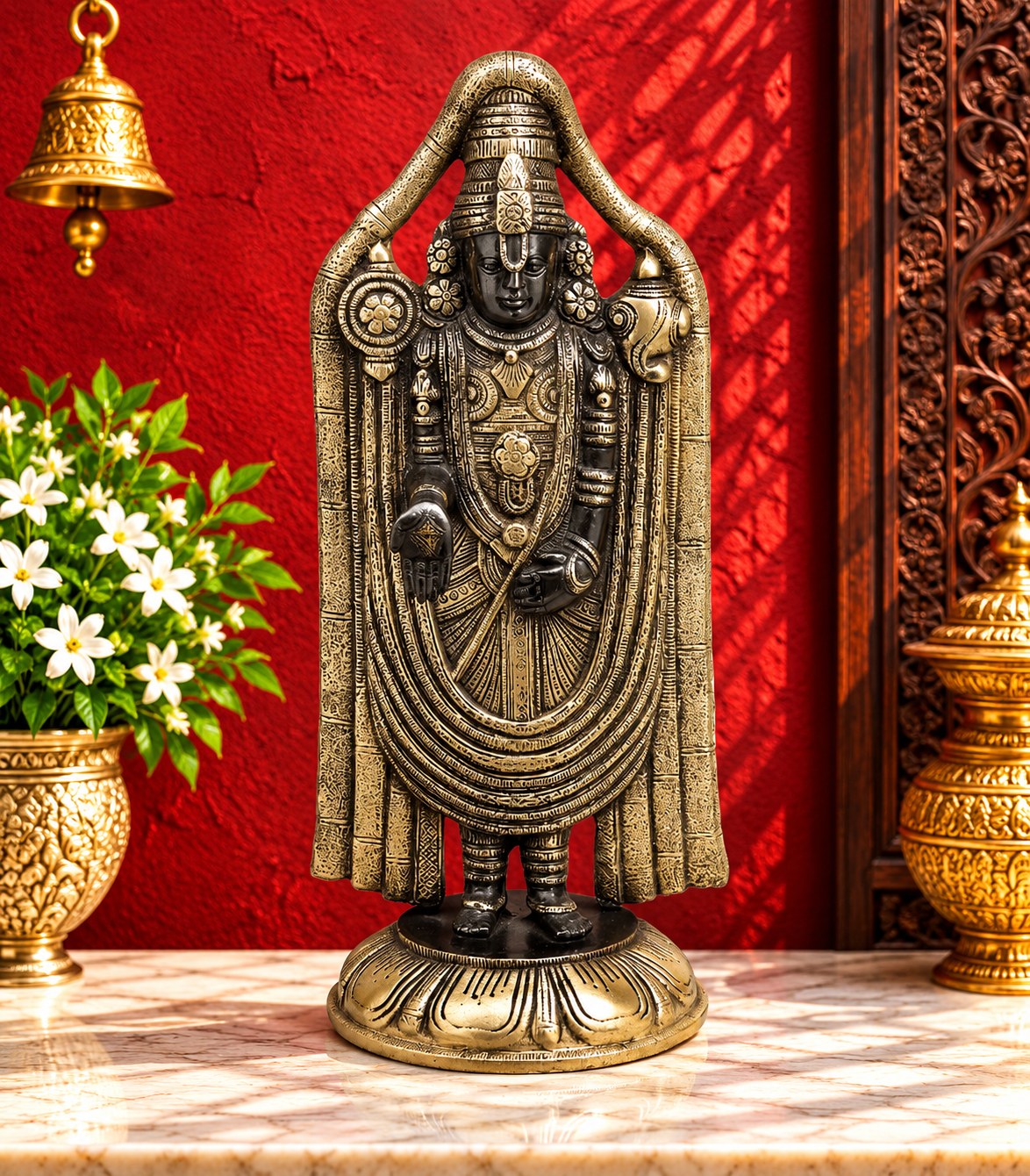Brassaura® Tirupati Balaji Standing Idol with Golden & Black Patina Finish | Pure Superfine Brass Handcrafted Murti | Brass Statue | Height 19 Inches | Weight 9 Kgs
