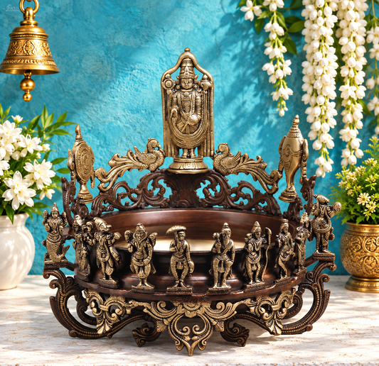 Brassaura® Brass Tirupati Balaji Decorative Urli with Dashavatara, Shankha & Chakra | Height 16.5 Inches | Weight 14 Kgs