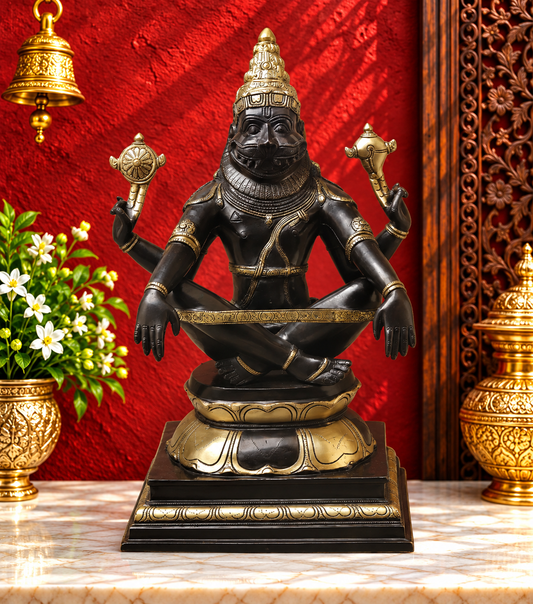 Brassaura® Brass Yoga Narasimha Idol | Lord Narasimha Seated Brass Statue | Antique Finish | Home Temple, Pooja Room & Spiritual Décor | Height 20 Inches | 16.12 Kg