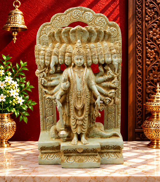 Brassaura® Brass Vishwaroopa Vishnu Statue | Handcrafted Premium Brass Vishvarupa Mahavishnu Murti for Home Temple, Office & Spiritual Décor | Antique Green & Gold Finish | 14 Inches | 9.86 Kg