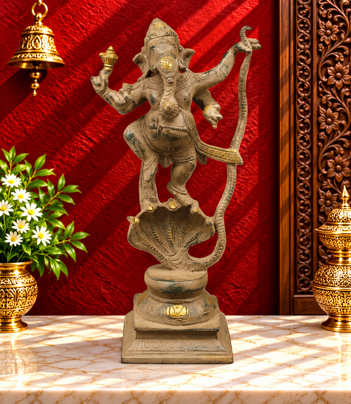 Brassaura® Brass Dancing Lord Ganesha with Serpent Arch | Handcrafted Premium Brass Ganpati Murti for Home Temple, Office & Spiritual Décor | Antique Finish | 12.5 Inches | 3.76 Kg