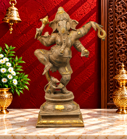 Brassaura® Brass Dancing Lord Ganesha Idol | Nataraja Style Ganpati Murti | Handcrafted Premium Brass Statue for Home Temple, Office & Décor | Antique Finish | 18 Inches | 9.42 Kg